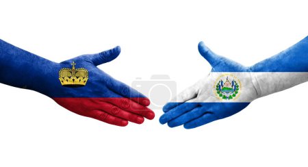 Photo for Handshake between El Salvador and Liechtenstein flags painted on hands, isolated transparent image. - Royalty Free Image