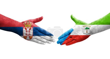 Handshake between Equatorial Guinea and Serbia flags painted on hands, isolated transparent image.