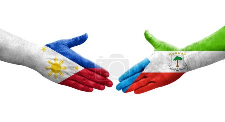 Handshake between Equatorial Guinea and Philippines flags painted on hands, isolated transparent image.