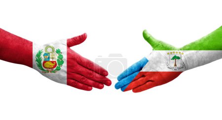 Handshake between Equatorial Guinea and Peru flags painted on hands, isolated transparent image.