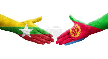 Foto de Apretón de manos entre Eritrea y Myanmar banderas pintadas en las manos, imagen transparente aislada. - Imagen libre de derechos