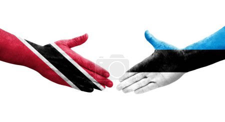 Téléchargez les photos : Poignée de main entre l'Estonie et Trinité Tobago drapeaux peints sur les mains, image transparente isolée. - en image libre de droit