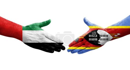 Foto de Apretón de manos entre las banderas de Eswatini y EAU pintadas en las manos, imagen transparente aislada. - Imagen libre de derechos