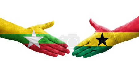 Foto de Apretón de manos entre Ghana y Myanmar banderas pintadas en las manos, imagen transparente aislada. - Imagen libre de derechos
