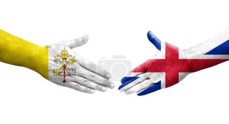 Handshake between Great Britain and Holy See flags painted on hands, isolated transparent image.