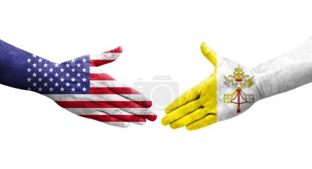 Foto de Apretón de manos entre la Santa Sede y las banderas de EE.UU. pintadas en las manos, imagen transparente aislada. - Imagen libre de derechos