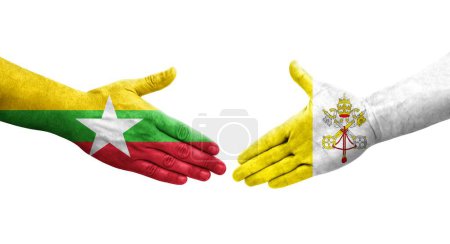 Foto de Apretón de manos entre la Santa Sede y Myanmar banderas pintadas en las manos, imagen transparente aislada. - Imagen libre de derechos