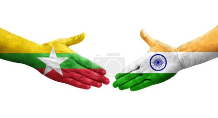 Foto de Apretón de manos entre la India y Myanmar banderas pintadas en las manos, imagen transparente aislada. - Imagen libre de derechos