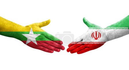 Foto de Apretón de manos entre Irán y Myanmar banderas pintadas en las manos, imagen transparente aislada. - Imagen libre de derechos