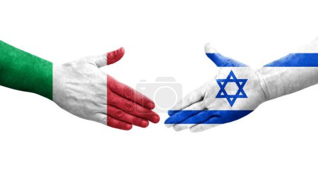 Foto de Apretón de manos entre Italia e Israel banderas pintadas en las manos, imagen transparente aislada. - Imagen libre de derechos