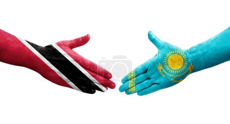 Téléchargez les photos : Poignée de main entre le Kazakhstan et Trinité Tobago drapeaux peints sur les mains, image transparente isolée. - en image libre de droit