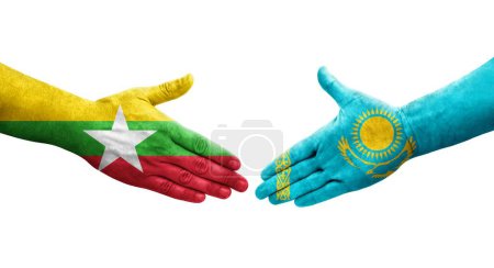 Foto de Apretón de manos entre Kazajstán y Myanmar banderas pintadas en las manos, imagen transparente aislada. - Imagen libre de derechos