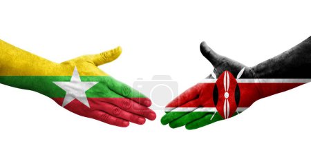 Foto de Apretón de manos entre Kenia y Myanmar banderas pintadas en las manos, imagen transparente aislada. - Imagen libre de derechos