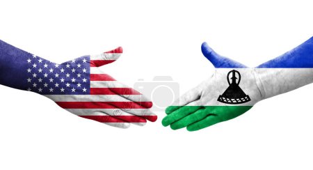 Foto de Saludo entre las banderas Lesotho y USA pintadas en las manos, imagen transparente aislada. - Imagen libre de derechos