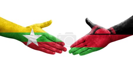 Foto de Apretón de manos entre Malawi y Myanmar banderas pintadas en las manos, imagen transparente aislada. - Imagen libre de derechos