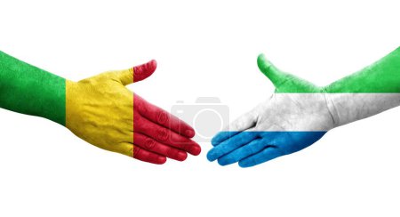 Händedruck zwischen Mali und Sierra Leone Flaggen aufgemalt, isoliertes transparentes Bild.