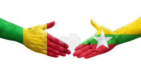 Foto de Apretón de manos entre Malí y Myanmar banderas pintadas en las manos, imagen transparente aislada. - Imagen libre de derechos