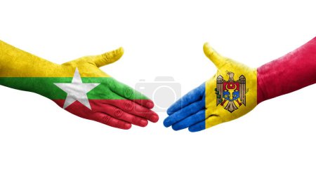 Foto de Apretón de manos entre Moldavia y Myanmar banderas pintadas en las manos, imagen transparente aislada. - Imagen libre de derechos