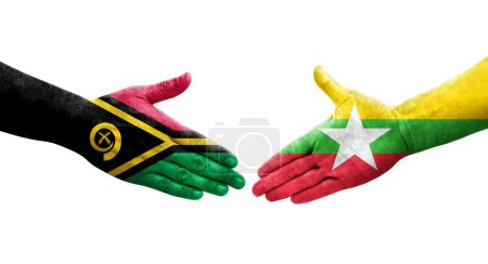Foto de Apretón de manos entre Myanmar y Vanuatu banderas pintadas en las manos, imagen transparente aislada. - Imagen libre de derechos