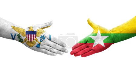 Foto de Apretón de manos entre Myanmar y las Islas Vírgenes banderas pintadas en las manos, imagen transparente aislada. - Imagen libre de derechos