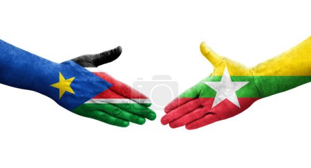 Foto de Apretón de manos entre Myanmar y Sudán del Sur banderas pintadas en las manos, imagen transparente aislada. - Imagen libre de derechos