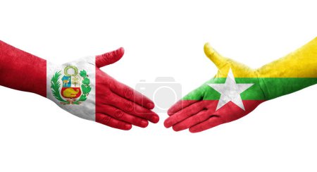 Foto de Apretón de manos entre Myanmar y Perú banderas pintadas en las manos, imagen transparente aislada. - Imagen libre de derechos