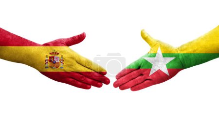Foto de Apretón de manos entre Myanmar y España banderas pintadas en las manos, imagen transparente aislada. - Imagen libre de derechos