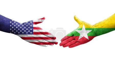 Foto de Apretón de manos entre Myanmar y EE.UU. banderas pintadas en las manos, imagen transparente aislada. - Imagen libre de derechos