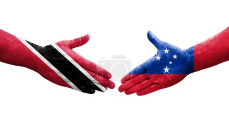 Téléchargez les photos : Poignée de main entre Samoa et Trinité Tobago drapeaux peints sur les mains, image transparente isolée. - en image libre de droit