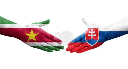 Photo for Handshake between Slovakia and Suriname flags painted on hands, isolated transparent image. - Royalty Free Image