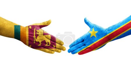 Handshake between Sri Lanka and Dr Congo flags painted on hands, isolated transparent image.