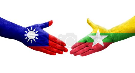 Foto de Apretón de manos entre Taiwán y Myanmar banderas pintadas en las manos, imagen transparente aislada. - Imagen libre de derechos