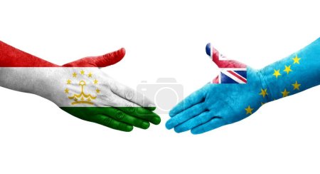 Handshake between Tajikistan and Tuvalu flags painted on hands, isolated transparent image.