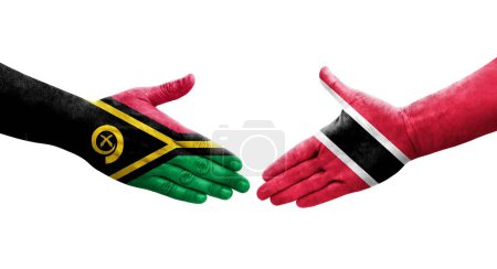 Téléchargez les photos : Poignée de main entre Trinité Tobago et Vanuatu drapeaux peints sur les mains, image transparente isolée. - en image libre de droit