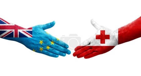 Handshake between Tuvalu and Tonga flags painted on hands, isolated transparent image.