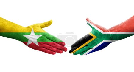 Foto de Apretón de manos entre Sudáfrica y Myanmar banderas pintadas en las manos, imagen transparente aislada. - Imagen libre de derechos