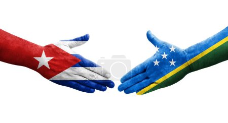 Handshake between Solomon Islands and Cuba flags painted on hands, isolated transparent image.