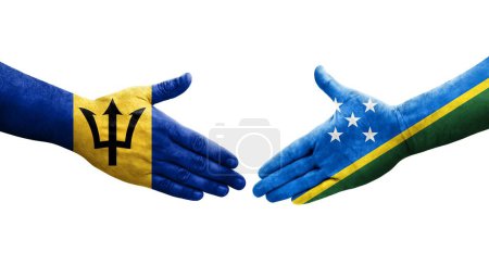 Handshake between Solomon Islands and Barbados flags painted on hands, isolated transparent image.