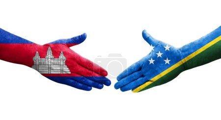 Handshake between Solomon Islands and Cambodia flags painted on hands, isolated transparent image.