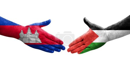 Téléchargez les photos : Poignée de main entre la Palestine et le Cambodge drapeaux peints sur les mains, image transparente isolée. - en image libre de droit