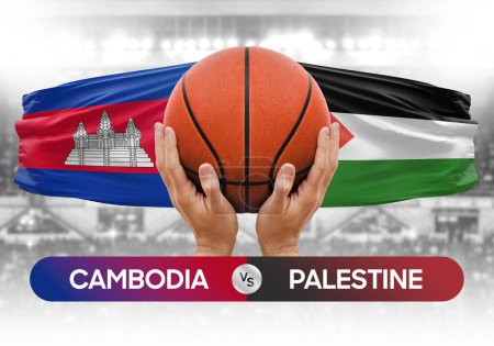 Téléchargez les photos : Cambodge vs Palestine équipes nationales de basket-ball match de basket-ball coupe concept image - en image libre de droit