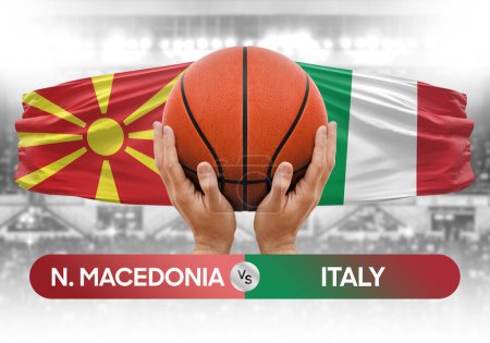 Téléchargez les photos : Macédoine du Nord vs Italie équipes nationales de basket-ball match de basket-ball coupe concept image - en image libre de droit