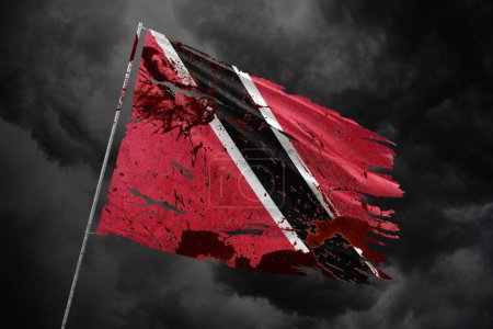 Trinidad Tobago torn flag on dark sky background with blood stains.