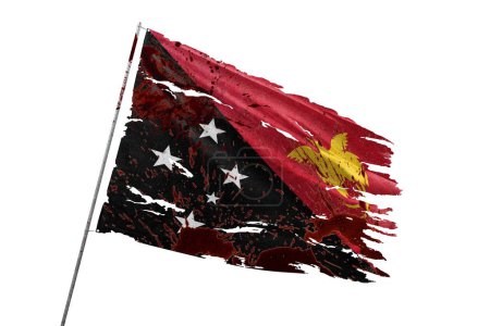 Papua-Neuguinea zerrissene Flagge auf transparentem Hintergrund mit Blutflecken.