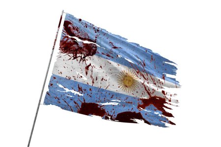Bandera Argentina rasgada sobre fondo transparente con manchas de sangre.