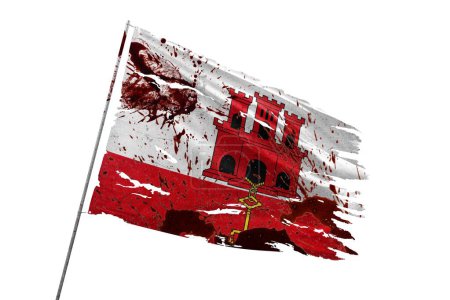 Gibraltar torn flag on transparent background with blood stains.