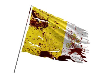 Holy See torn flag on transparent background with blood stains.