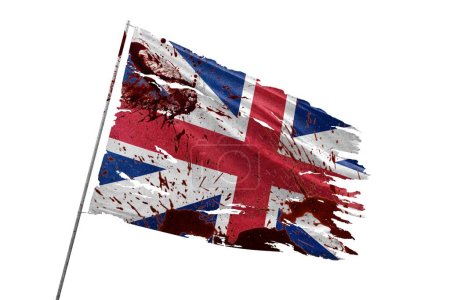 Foto de Gran Bretaña rasgó la bandera sobre fondo transparente con manchas de sangre. - Imagen libre de derechos