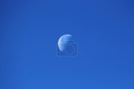 Photo for The Moon as Earths only natural satellite clearly visible in its Waning gibbous Moon phase on clear blue sky background early in the morning of warm autumn day - Royalty Free Image