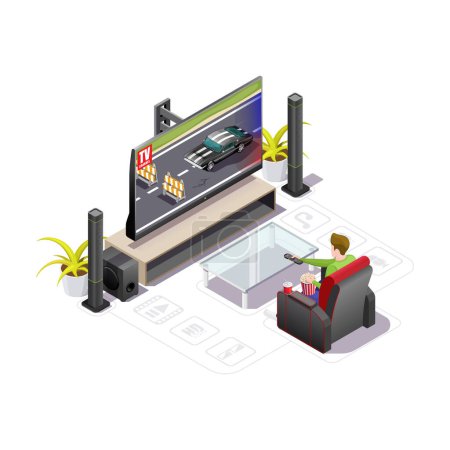 Illustration for A young guy is watching TV. Vector isometric illustration isolated on white background - Royalty Free Image